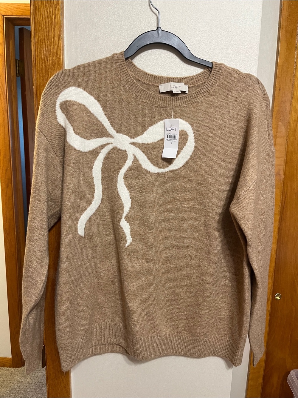 LOFT Tan Sweater with White Bow Intarsia